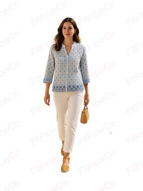 Alfred Dunner Blue Embroidered Button Front Top 16P 100% Cotton Blouse Preowned